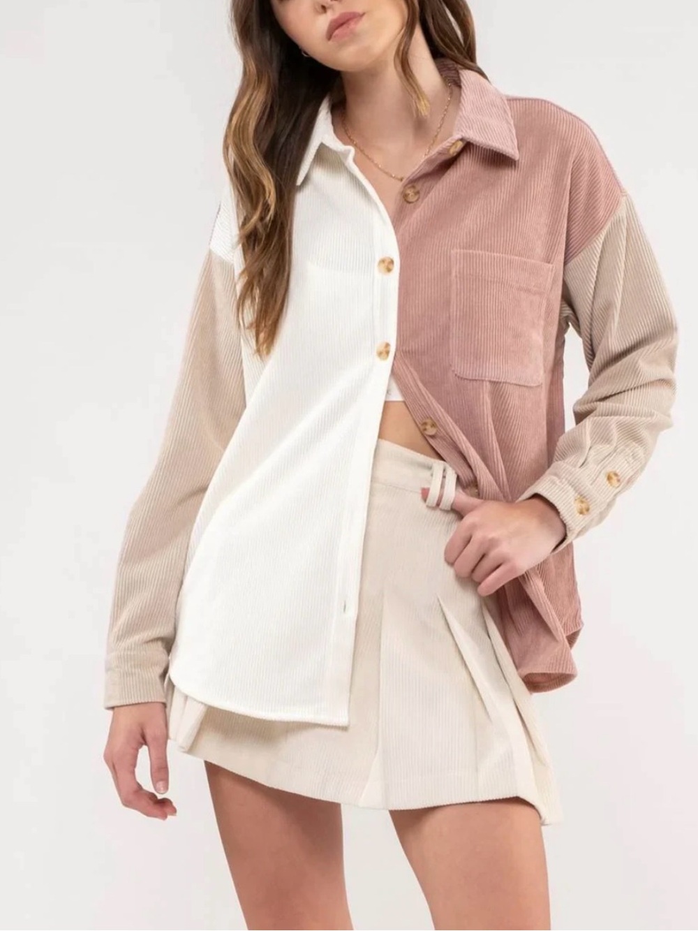 PERCH Boutique Colorblock Pink Cream Corduroy Jacket Size 1X Shacket